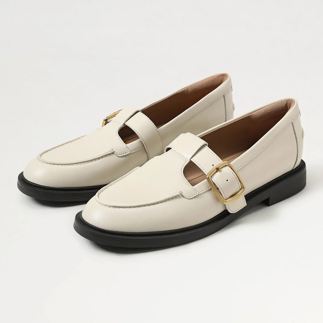 Ivory Buckle T-Strap Round Toe Slip-On Flat Mary Jane Shoes for Women