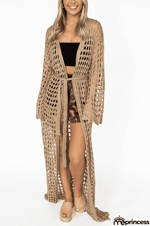 Knitted Pierced Solid Color Beach Coat