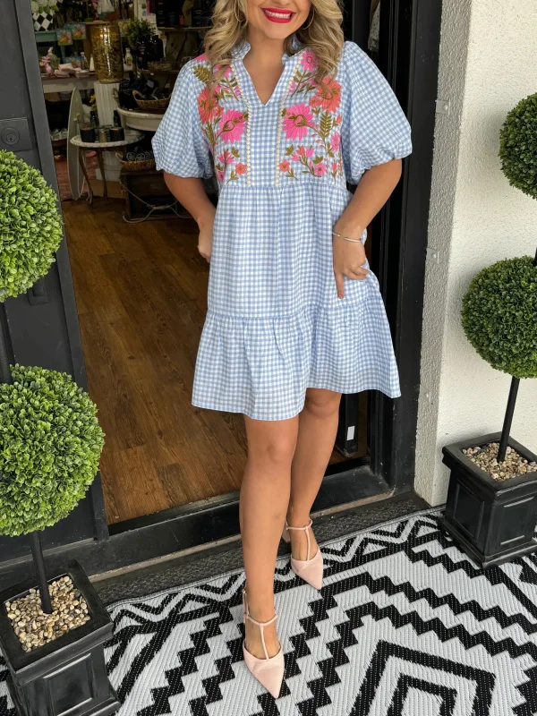 Bird plaid embroidered dress