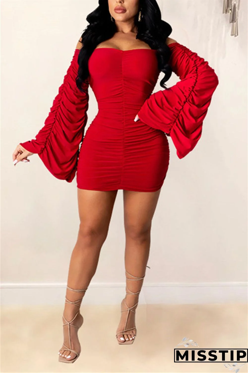 Black Fashion Sexy Flare Sleeve Long Sleeve Bateau Neck Mini Solid Dresses