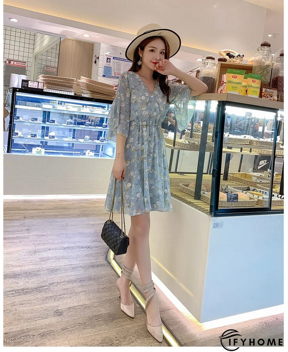 Spring Summer Chiffon Women V-Neck Floral Print Short Dresses Sweet Ruffle Sleeeve Slim Drawstring Ladies Dress | IFYHOME