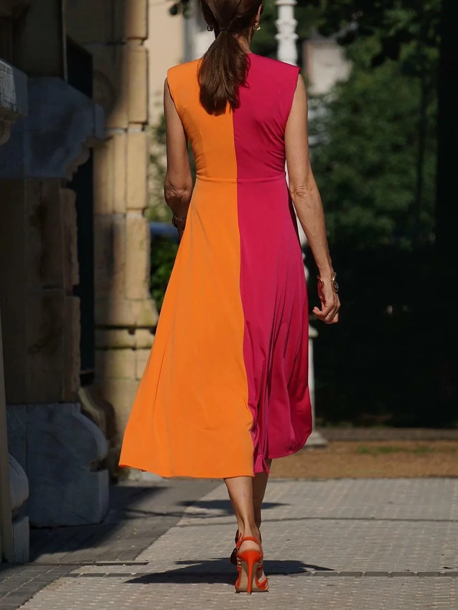 Sleek Colorblock Sleeveless Midi Dress