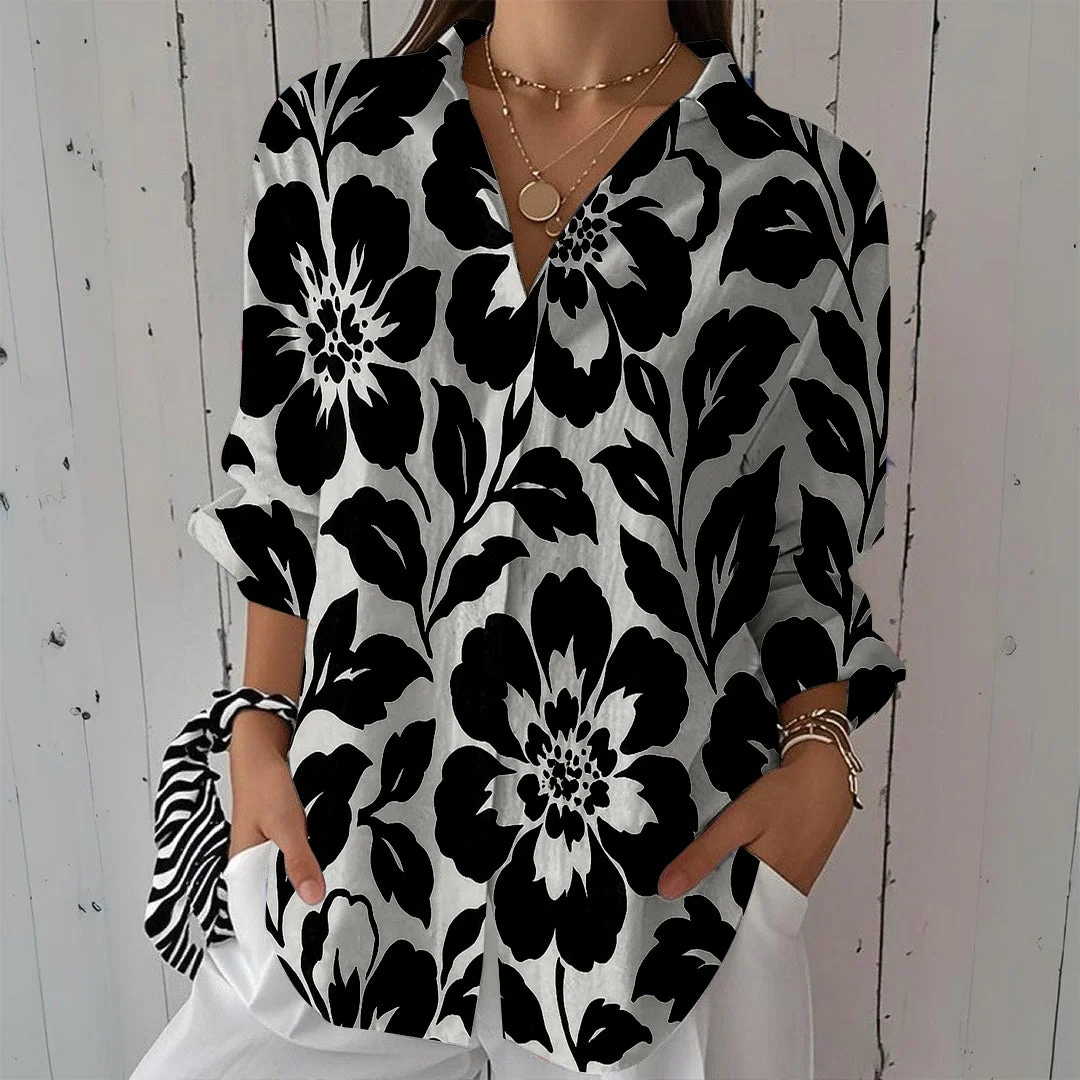 Style & Comfort for Mature Women Women Floral, Black, White DZCL0136 3/4 Sleeve Shirt Collar Printed Button Tops