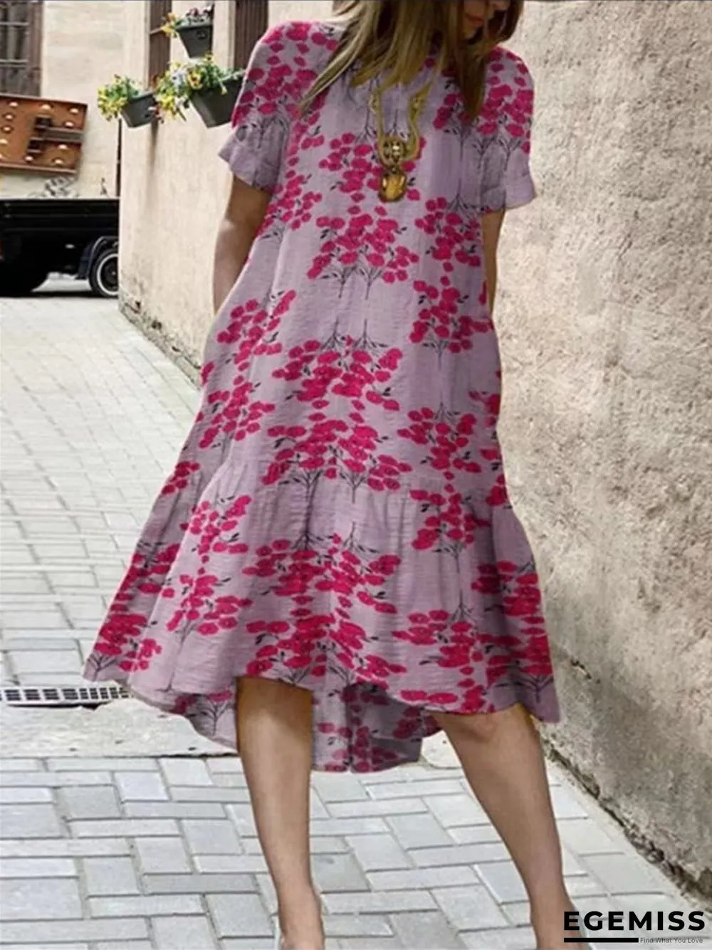 Flower Print Short Sleeve Plus Size Dress | EGEMISS