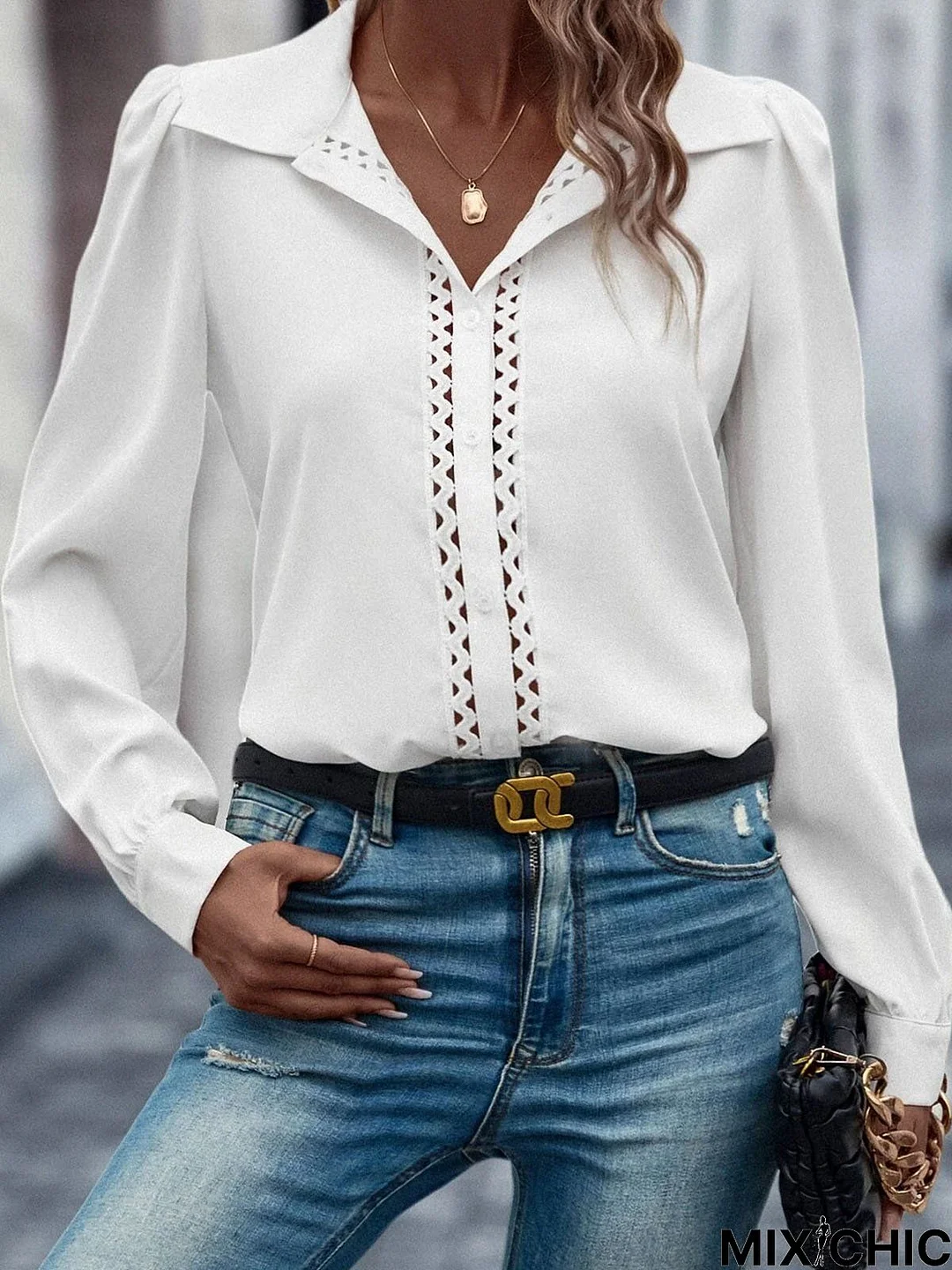 Shirt Collar Plain Patchwork Lace Casual Blouse