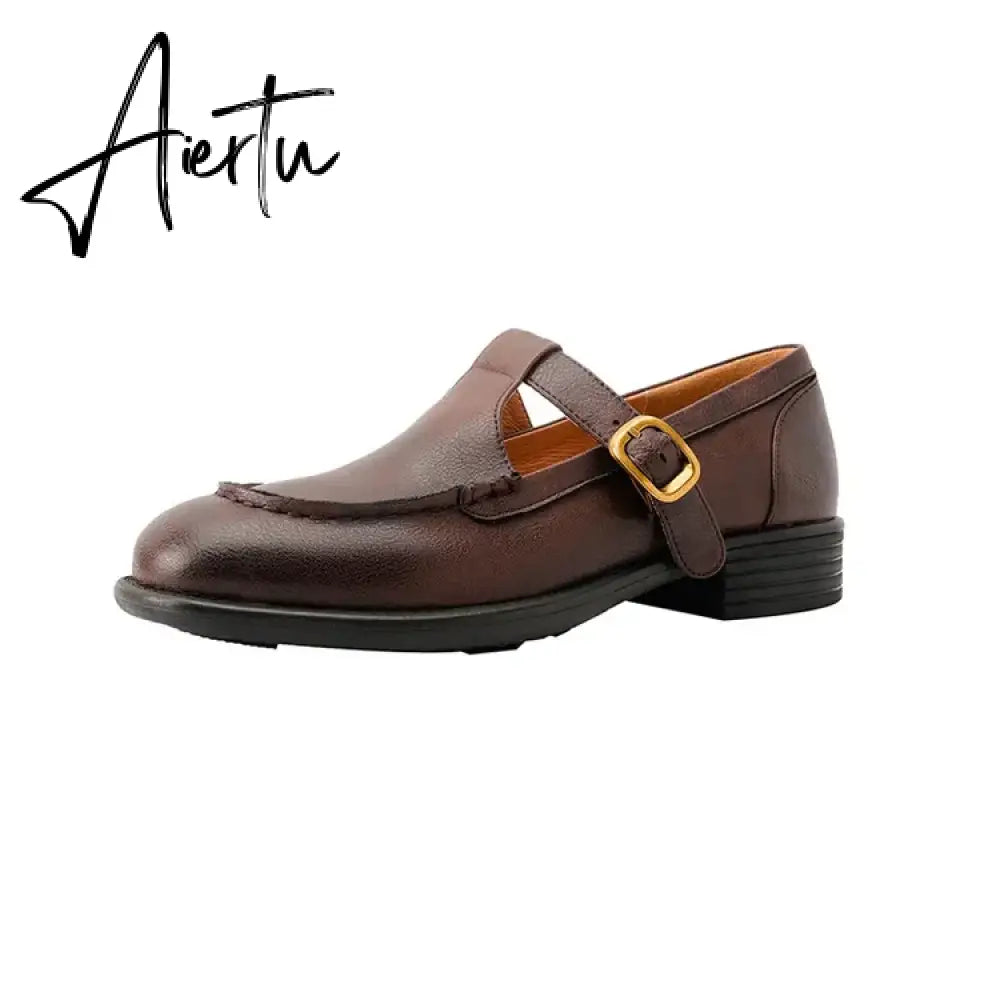 Aiertu NEW Spring Women's Pumps Genuine Leather Shoes for Women Round Toe Chunky Heel Shoes Retro Low Heel Mary Janes Retro Brown Shoes Aiertu