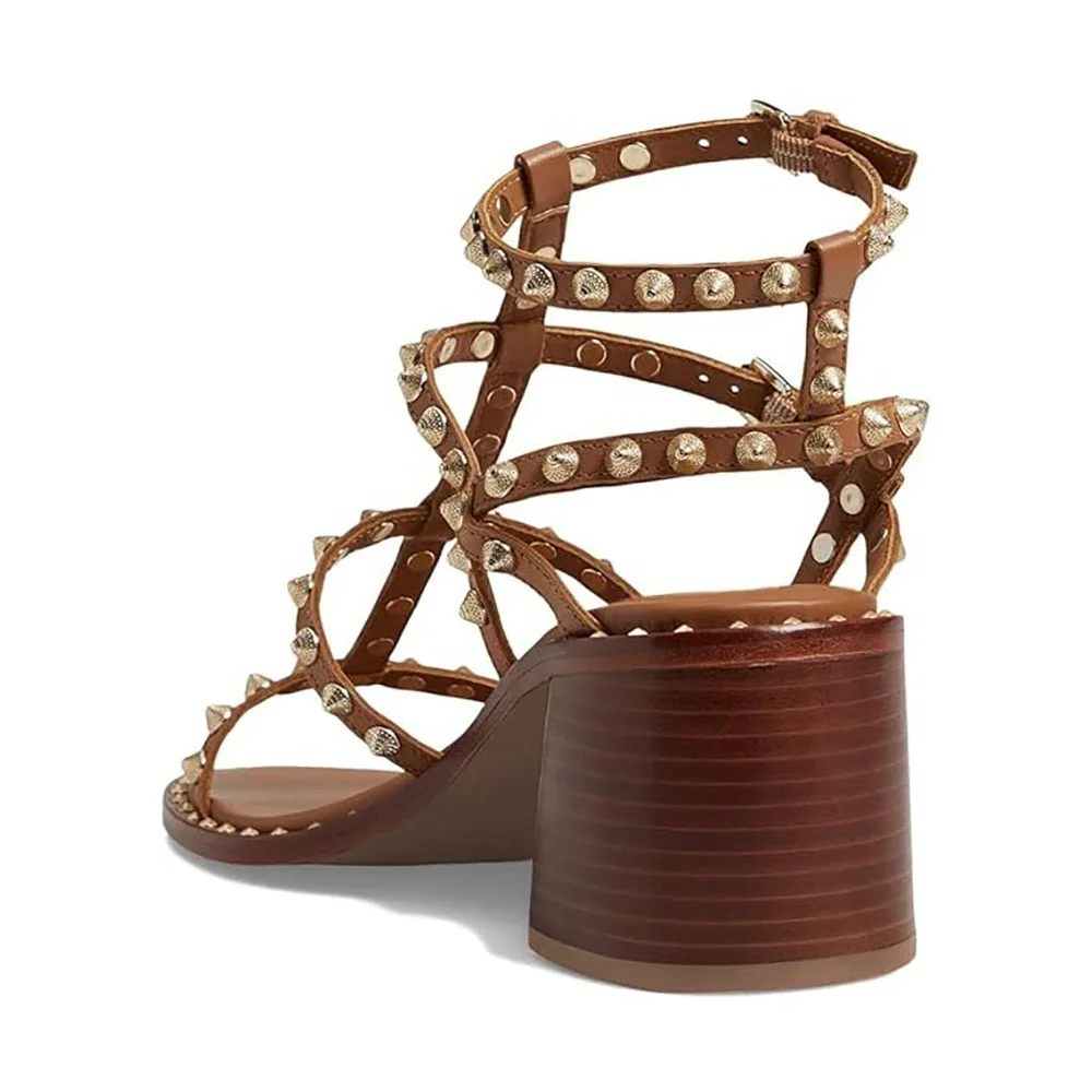 Brown Round Toe Chunky Heel Ankle Strap Gladiator Sandals with Rivet