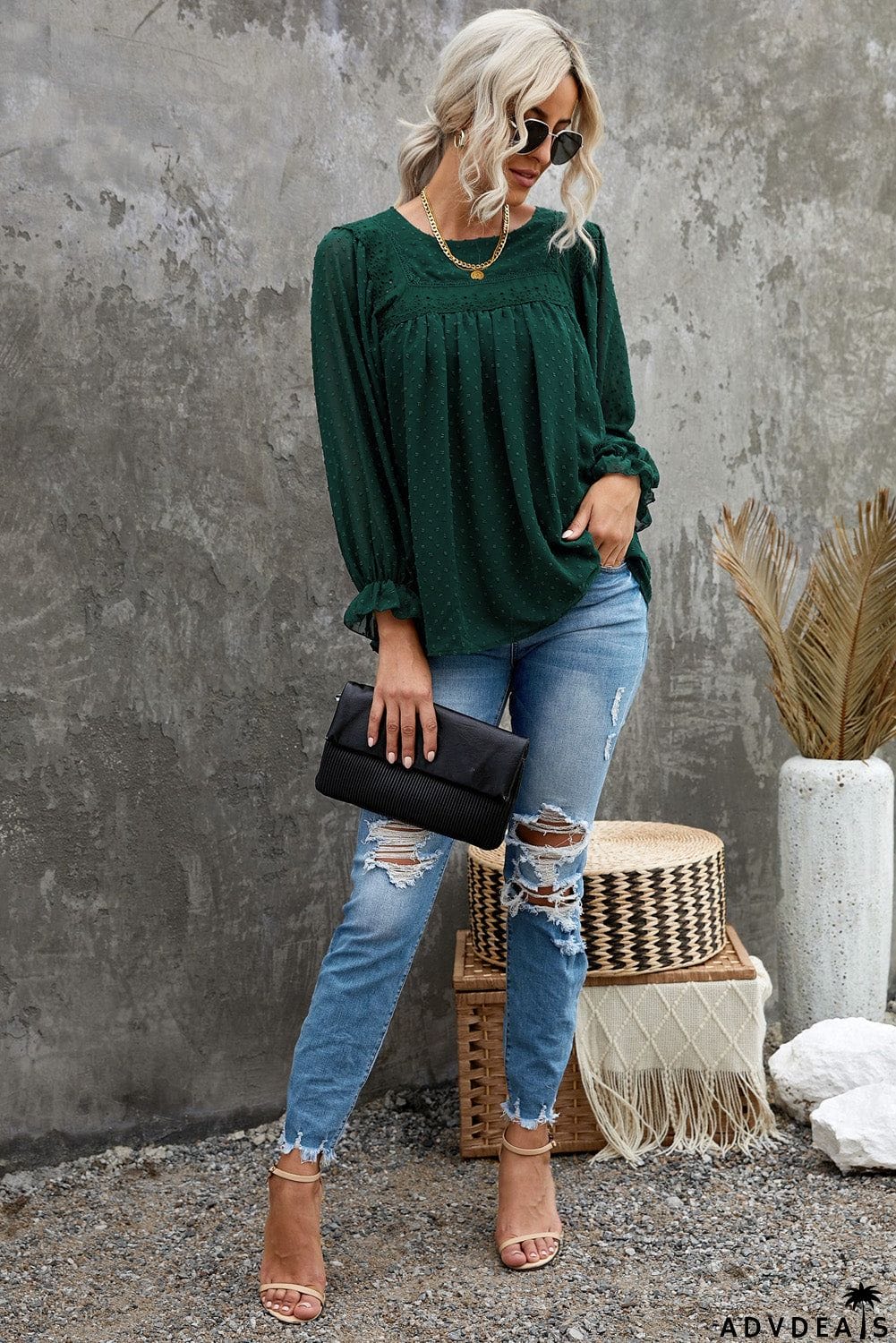 Swiss Dot Hollow Out Ruffle Sleeve Blouse