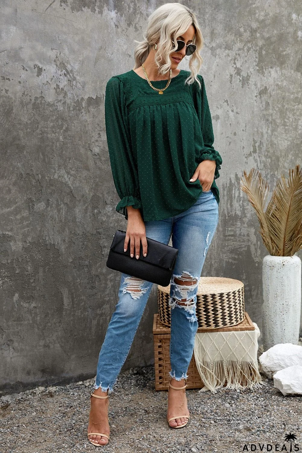 Swiss Dot Hollow Out Ruffle Sleeve Blouse