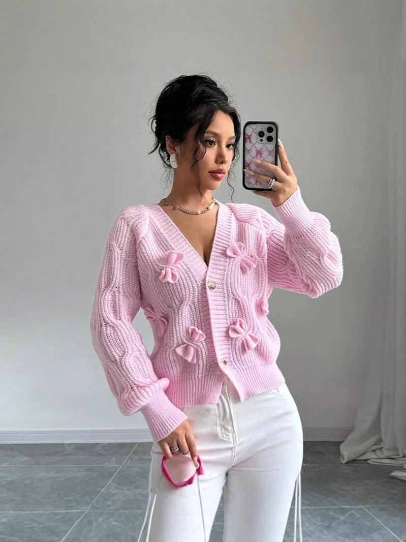 Athvotar Athvotar And Winter New Sweater Women's Tops Solid Color Long-Sleeved Bow Knitted Shirt Jacket