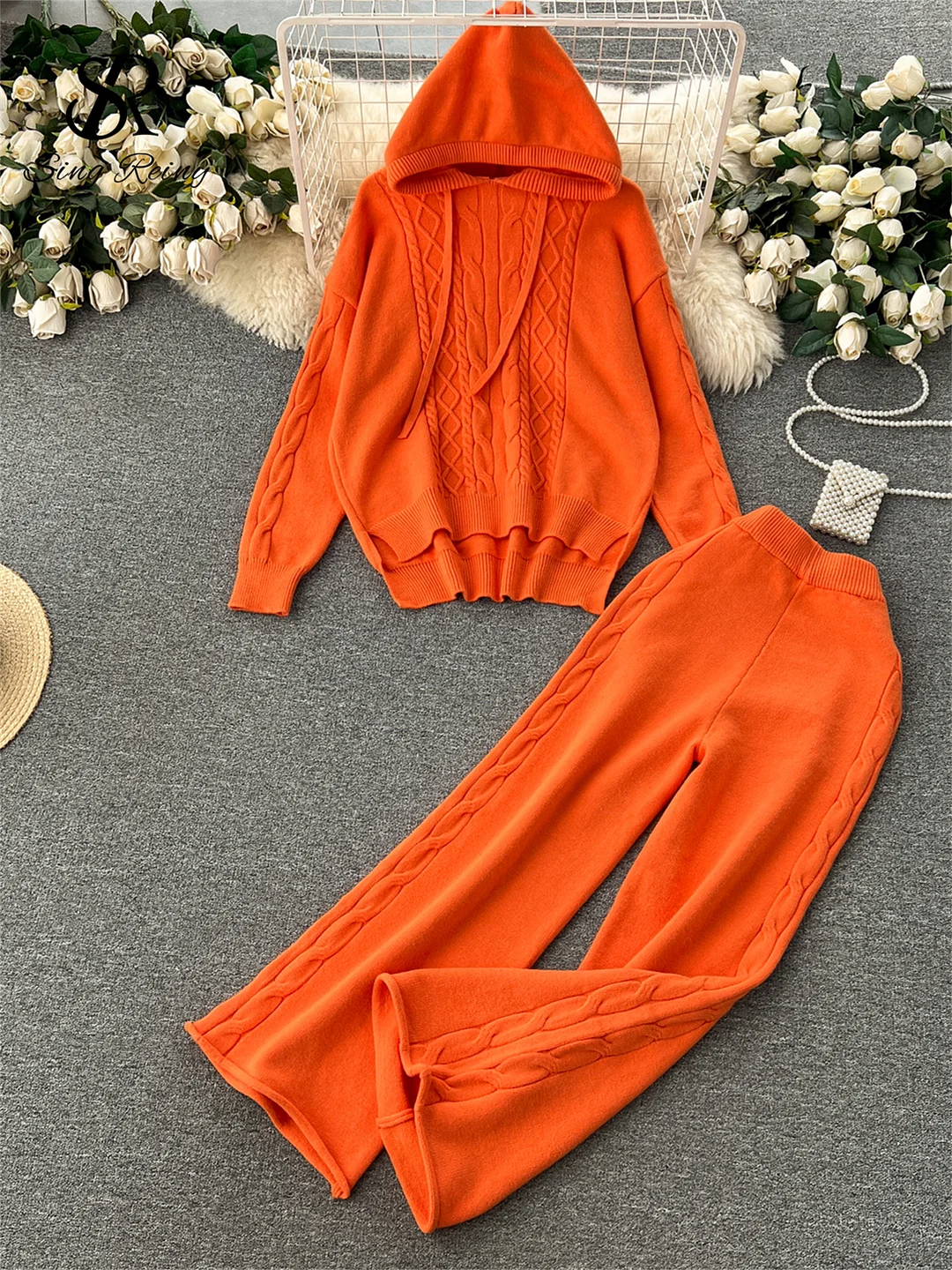 Huibahe Winter Women Warm Knitted Suits Loose Drawstring Hooded Pullover+ Wide Legs Long Pants Fashion Sports Two Piece Sets