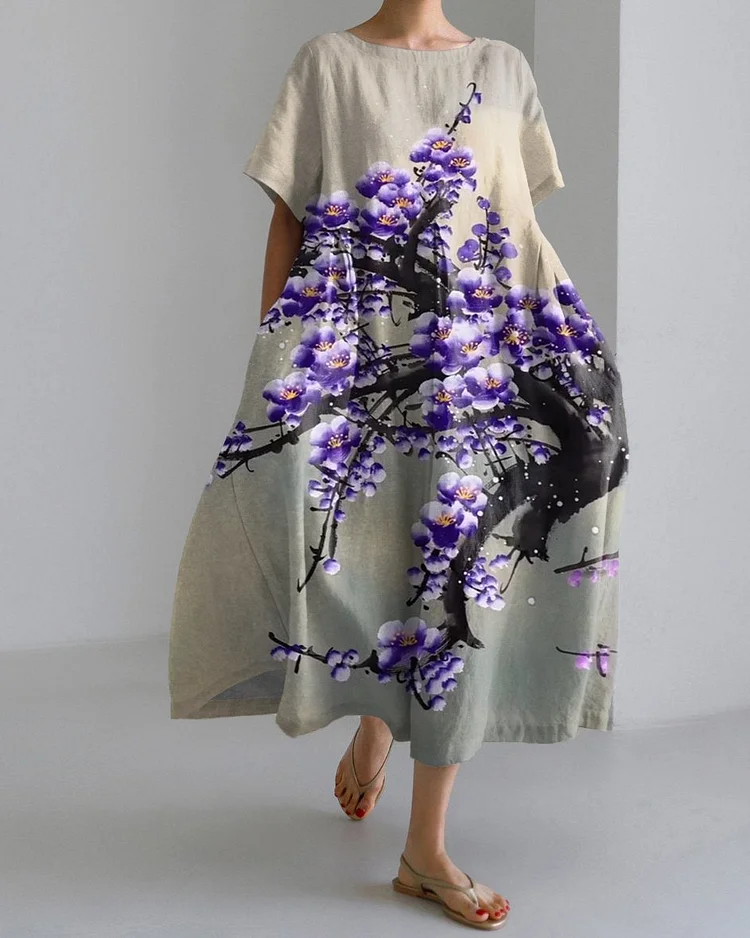 Purple Watercolor Plum Blossoms Short Sleeve Midi Dress