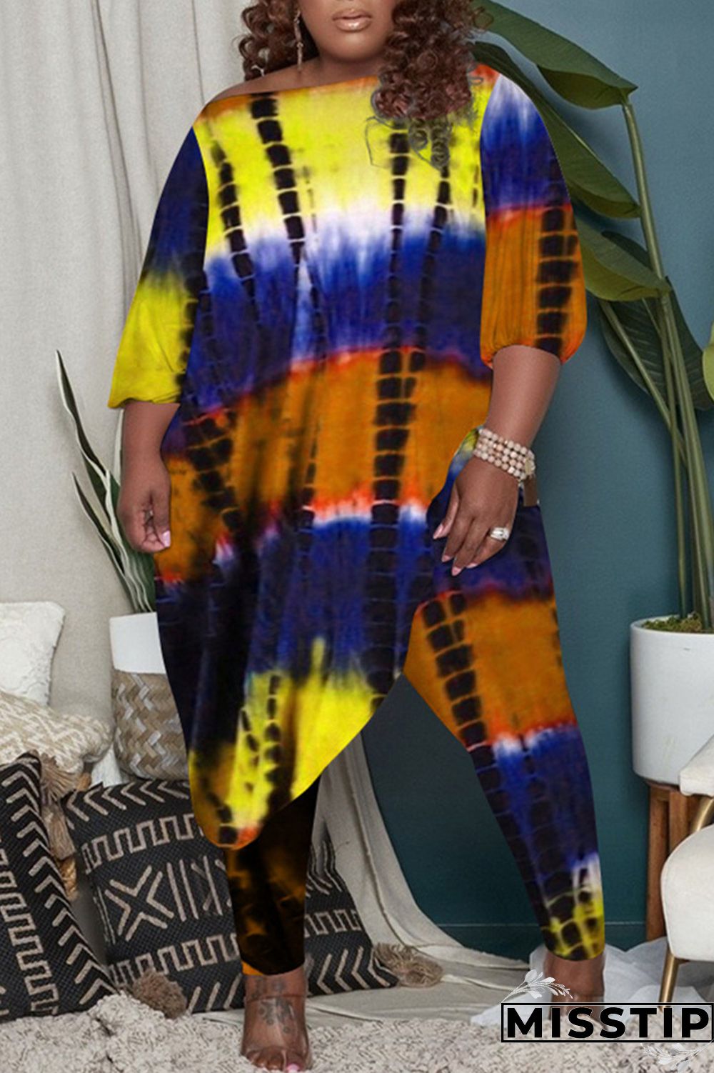 Orange Fashion Casual Tie Dye Asymmetrical O Neck Plus Size Two Pieces
