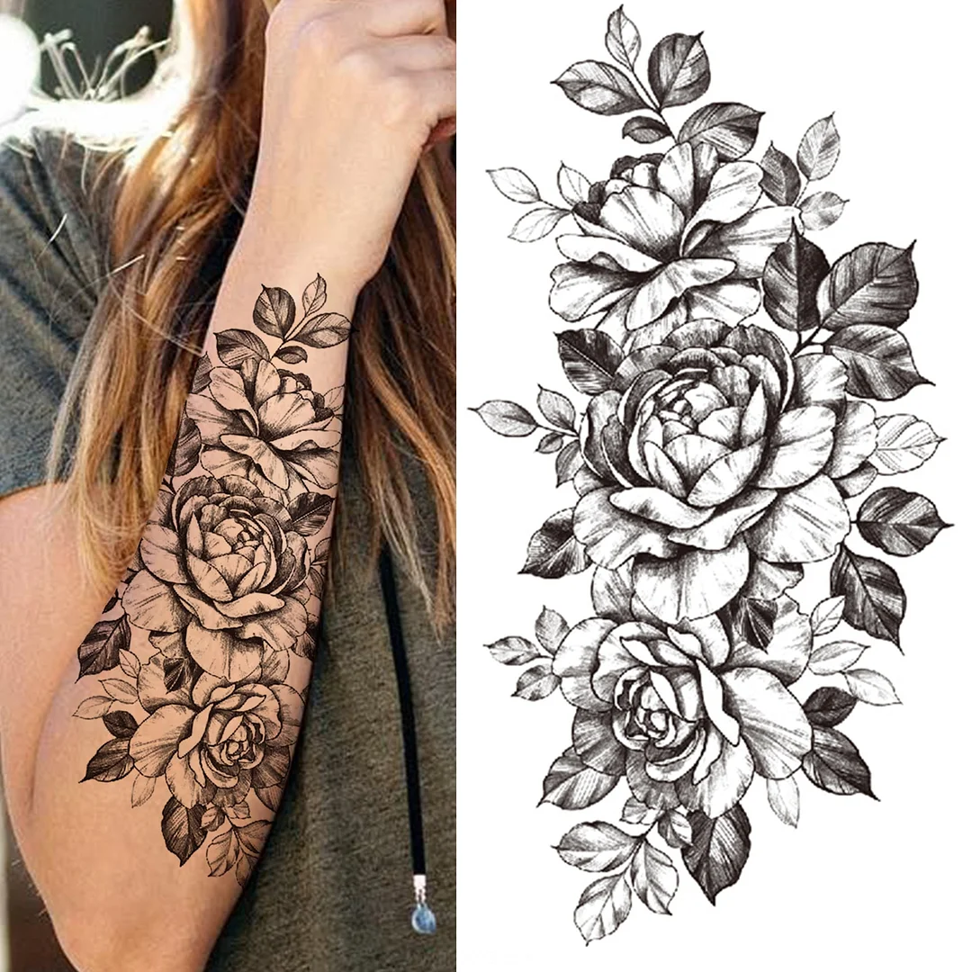 Black 3D Rose Temporary Tattoo For Women Girls Adult Peony Dahlia Flower Tattoos Sticker Black Flora Glory Geometric Arm Tatoos