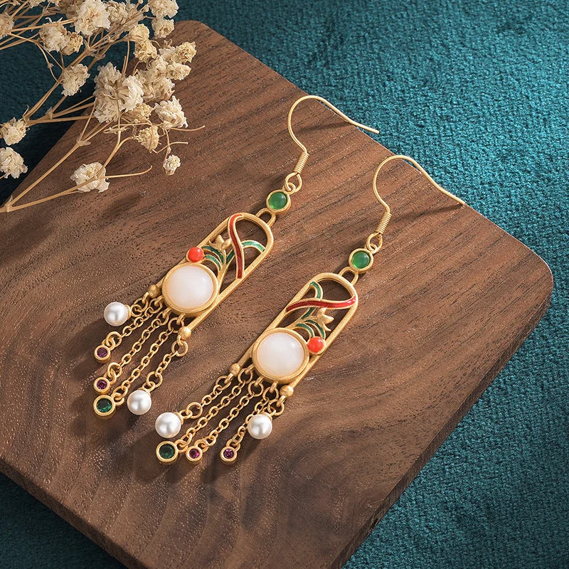 White Jade Vintage Tassel Drop Dangle Earring
