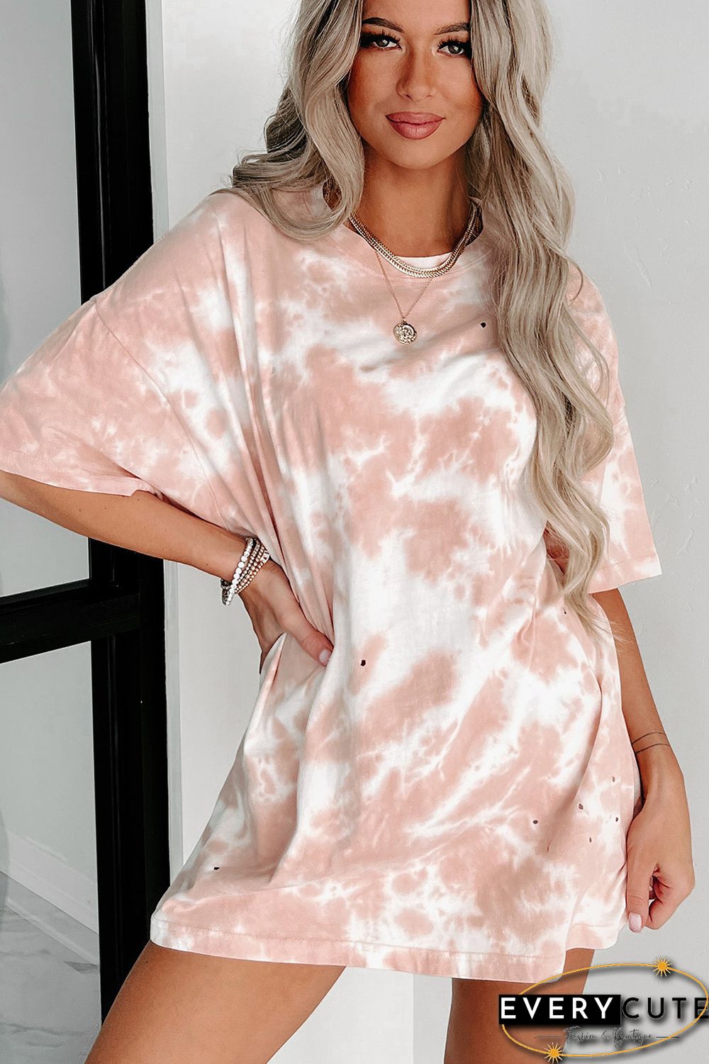 Pink Tie-dye Round Neck Short Sleeve Top