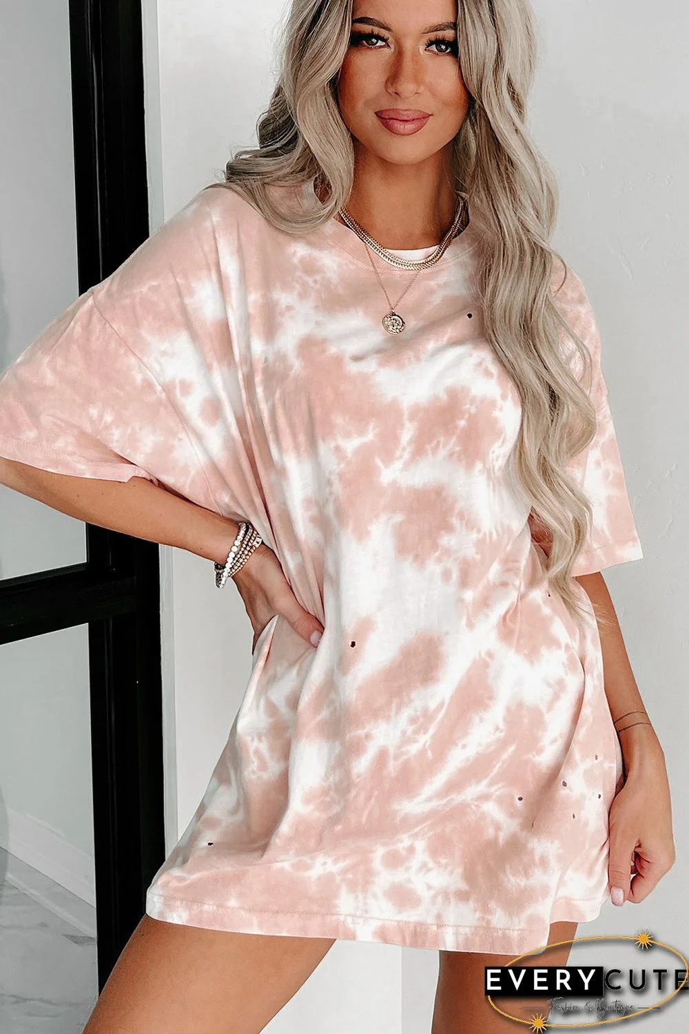 Pink Tie-dye Round Neck Short Sleeve Top