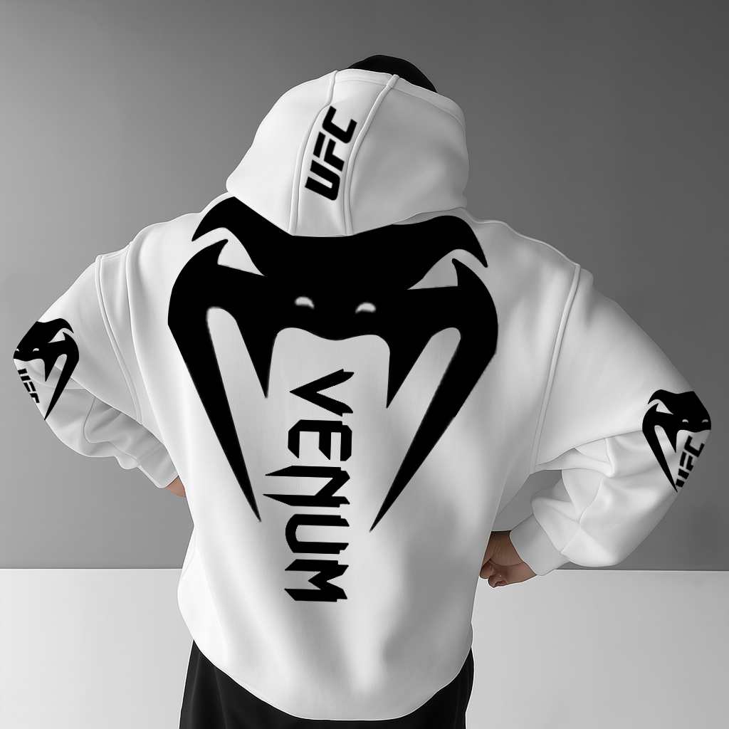 Men's White Loose Casual Fighting Print Hooded Sweatshirt / TECHWEAR CLUB / Techwear