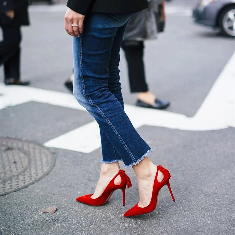 Red Pointed Toe Stiletto Heel Women's Cutout Pumps with Tassels |FSJ Shoes