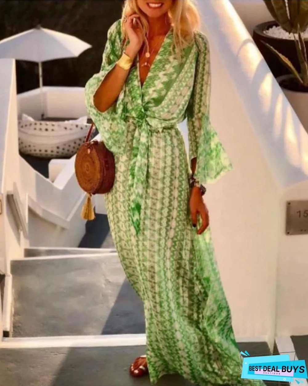 Women's Swing Dress Maxi Long Dress 3/4 Length Sleeve Geometric Print Spring Summer Boho Flare Cuff Sleeve Blushing Pink Green