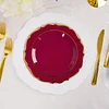 10 Pack | 8" Burgundy Plastic Dessert Salad Plates, Disposable Tableware Round With Gold Scalloped Rim