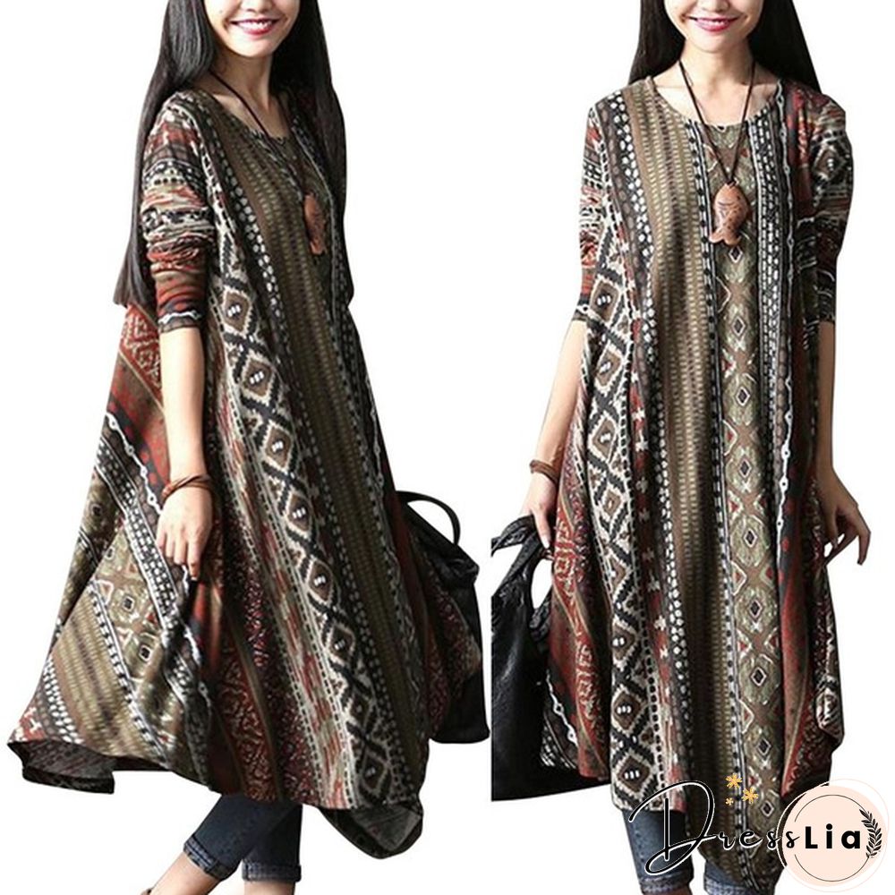 3 Colors Womens Vintage Boho Long Sleeve Floral Kaftan Baggy Maxi Dress Vestidos Plus Size S-5XL