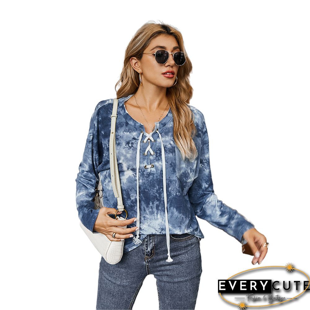 Navy Blue Tie Dye Long Sleeve Top with Rope Drawstring