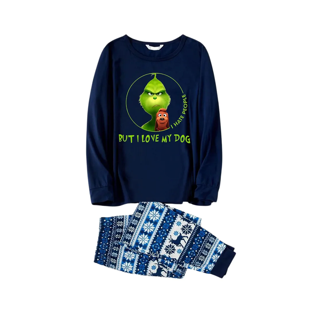 'I Hate People But I love My Dog' Text With Green Cartoon Characters and Dog Pattern Blue Top Navy Blue Plaid Pants Family Matching Pajamas