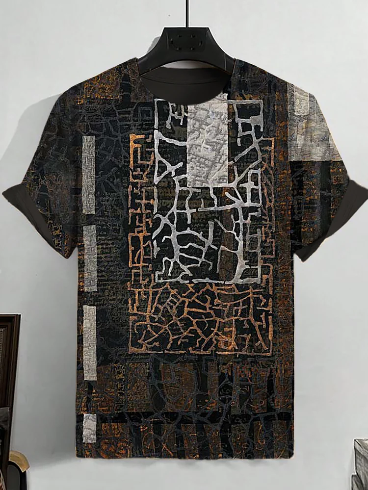 Men's Retro Abstract Textured Art Print Casual T-Shirt