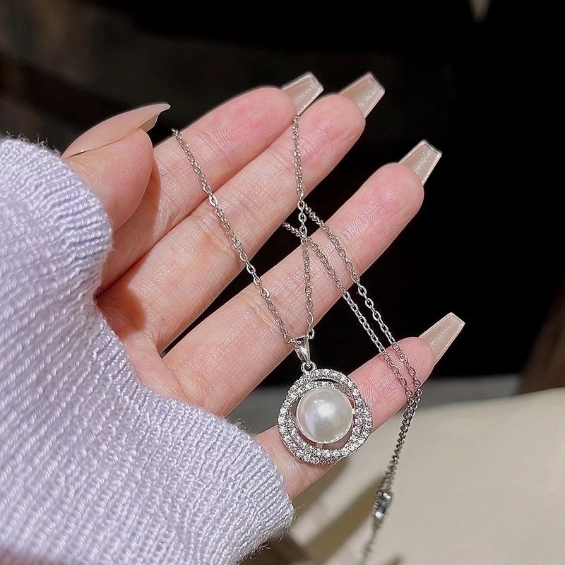 Elegant Lady Geometric Titanium Steel Artificial Pearls Zircon Inlay Pendant Necklace