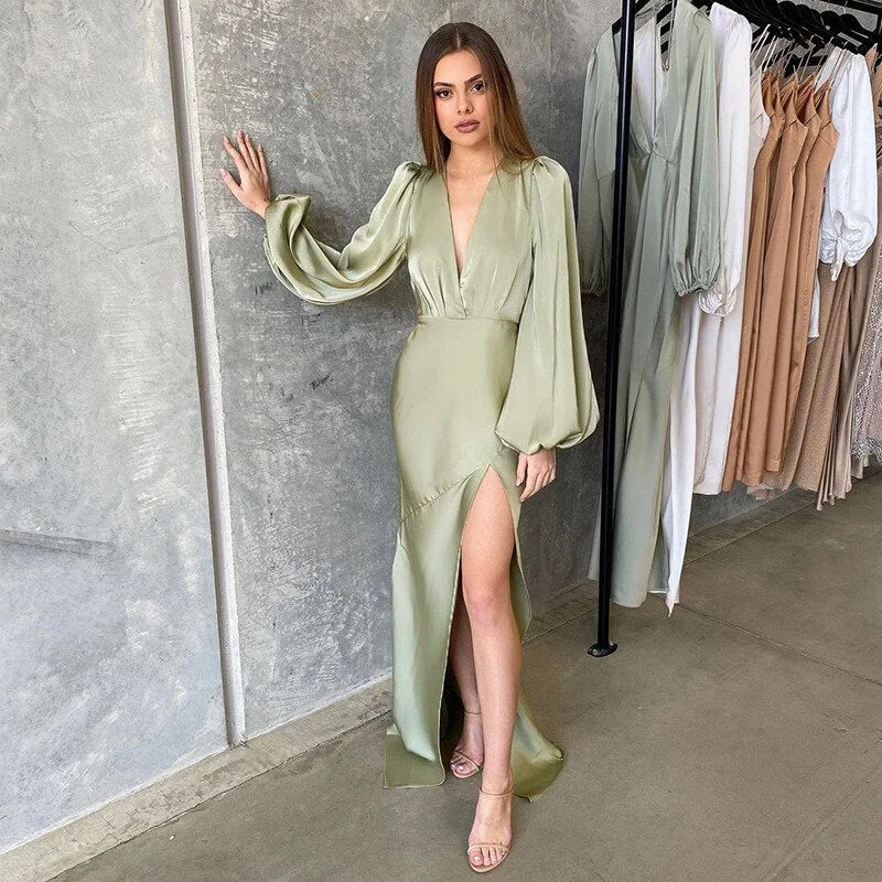 Churses  V-Neck High Slit Backless Long Dress Autumn Elegant Lantern Sleeve Neck-Mounted Party Dresses For Women 2023
