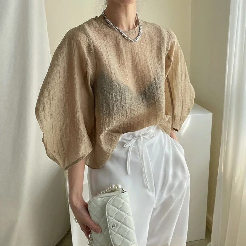 Summer Sexy See-through Women's Shirt White Loose Lantern Sleeve Casual Chiffon Blouses Korean Vintage Pleated Tops Blusas 15550