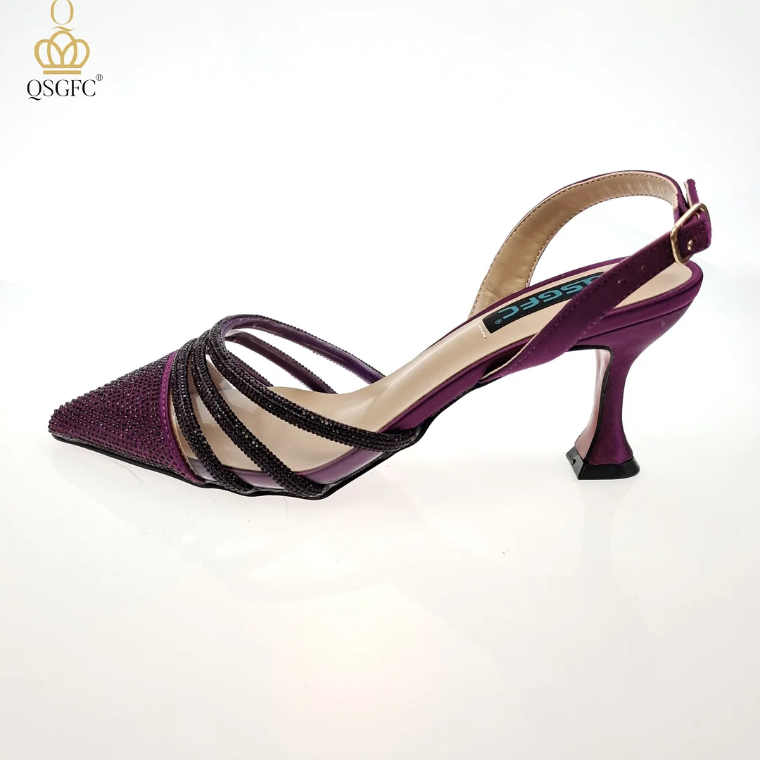 QSGFC2022 Fashion Shiny Full Diamond Decoration In Nigeria Elegant Orange Color Ladies Shoes and Bag For Party Wedding