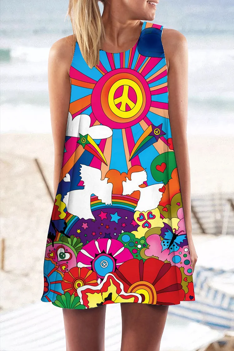 🔥kukelife🔥Hippie Peace Print Casual Sleeveless Short Dress