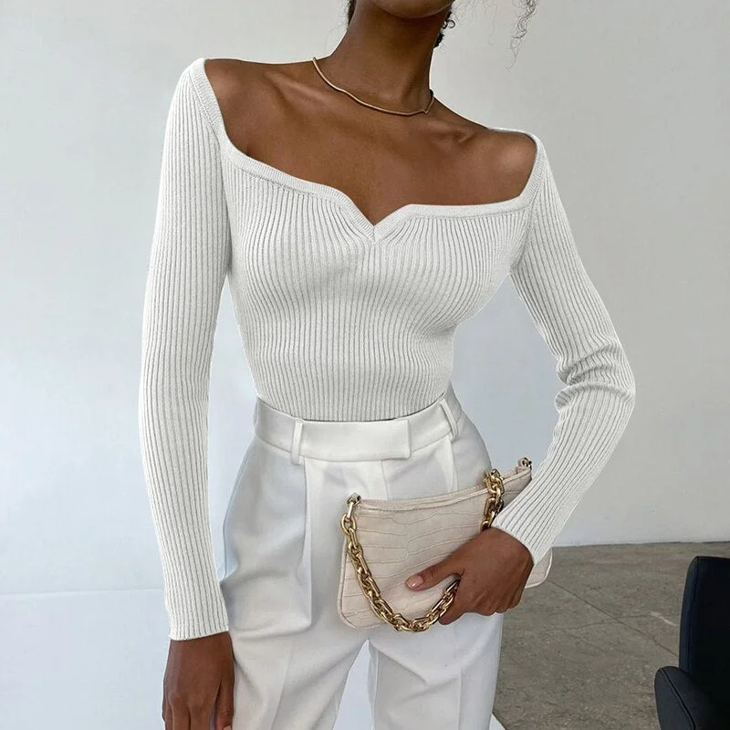 WannaThis Knitted Square Collar Tops Women Sexy Long Sleeve Women Slim Minimalist Autumn 2021 Basic Korean Black Casual T-shirts