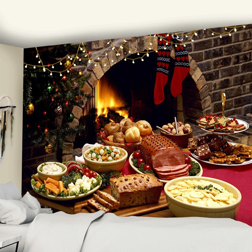 Christmas Tapestry Christmas Tree And Fireplace Warm Family Wall Hanging Backdrop Home Room Decoration Gift