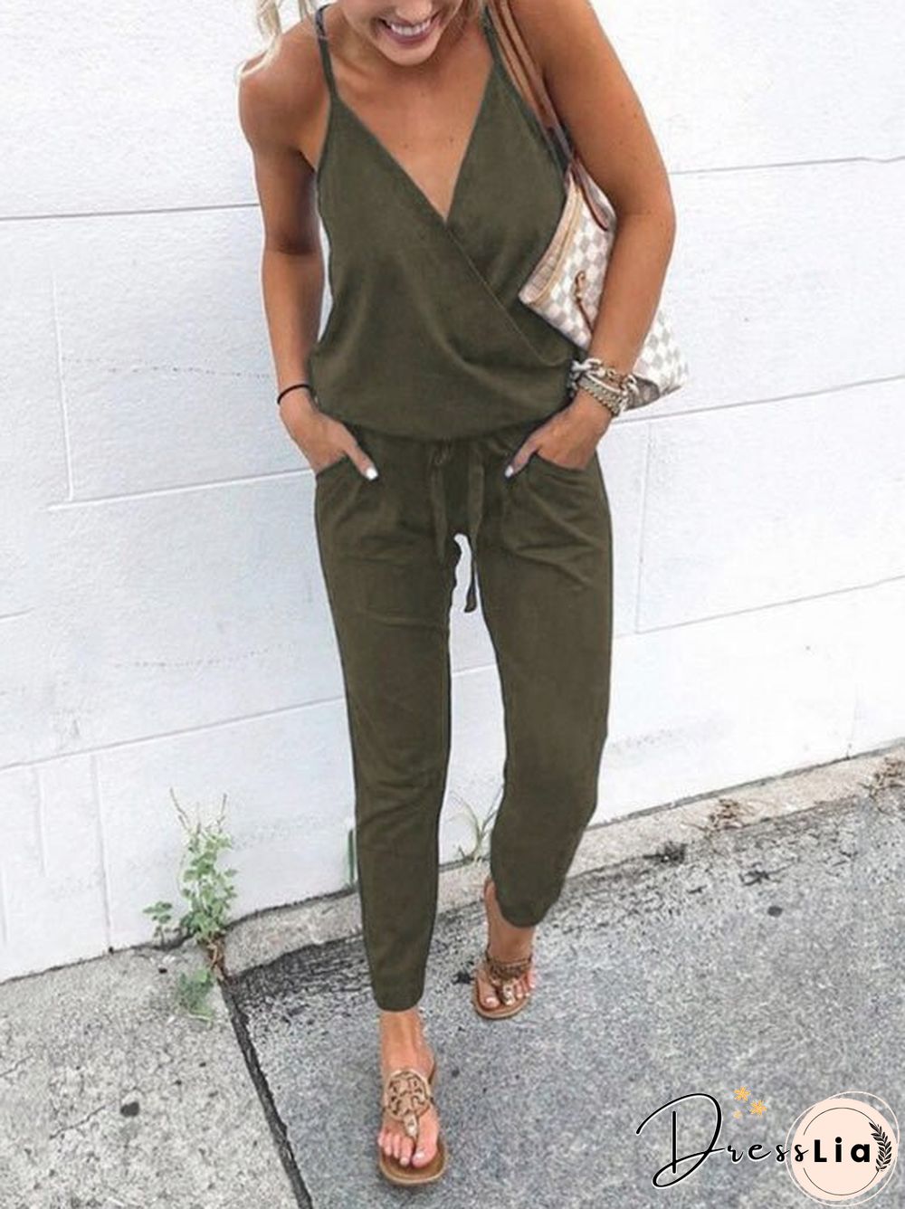 Women'S Jumpsuits Casual Sling V-Neck Belted Pocket Jumpsuit