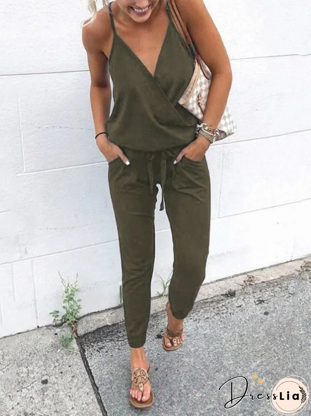 Women'S Jumpsuits Casual Sling V-Neck Belted Pocket Jumpsuit