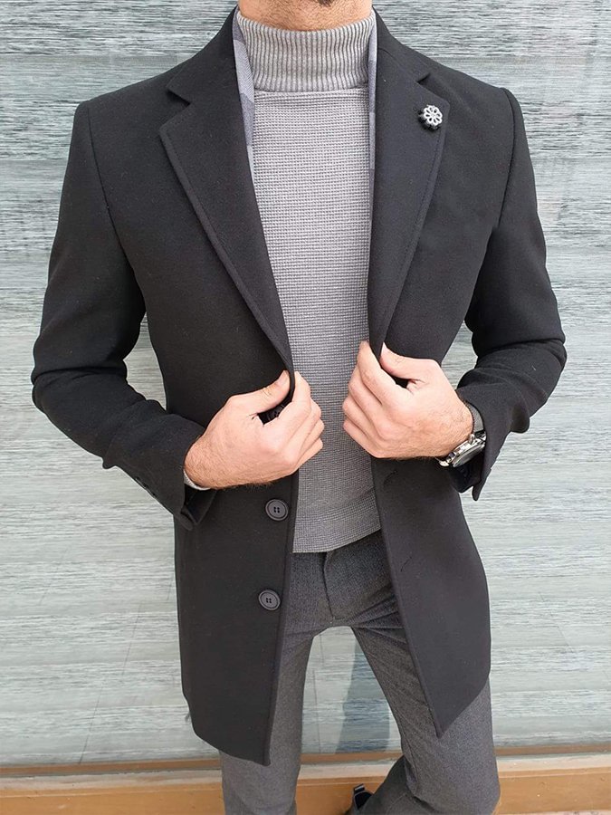 Men's Fashion Black Slim-Fit Coat