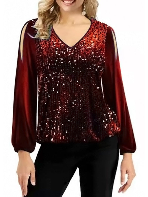 Women's Stitching Sequin Pattern Solid Color V-Neck Long Sleeve Top