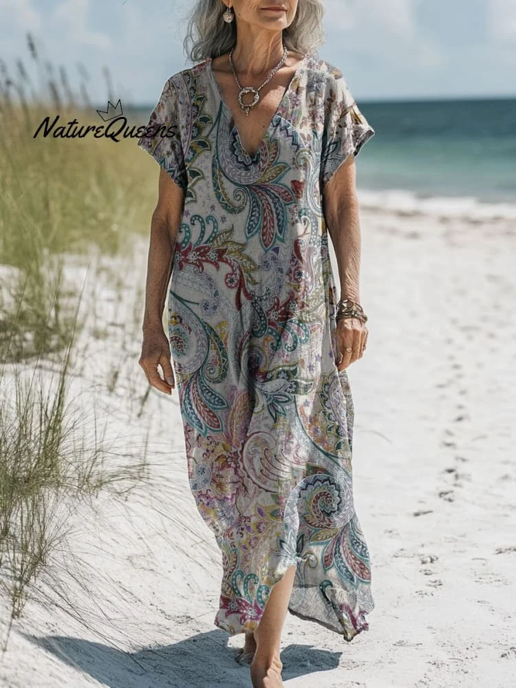 Women's Vintage Colorful Flower Art Print Pocket Cotton Dress
