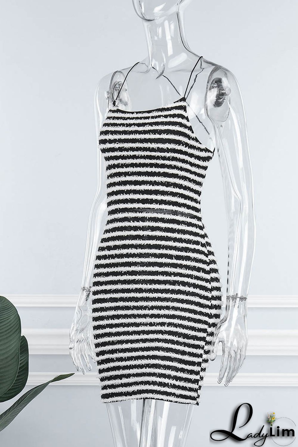 Black Sexy Striped Print Bandage Backless Spaghetti Strap Sleeveless Dress Dresses