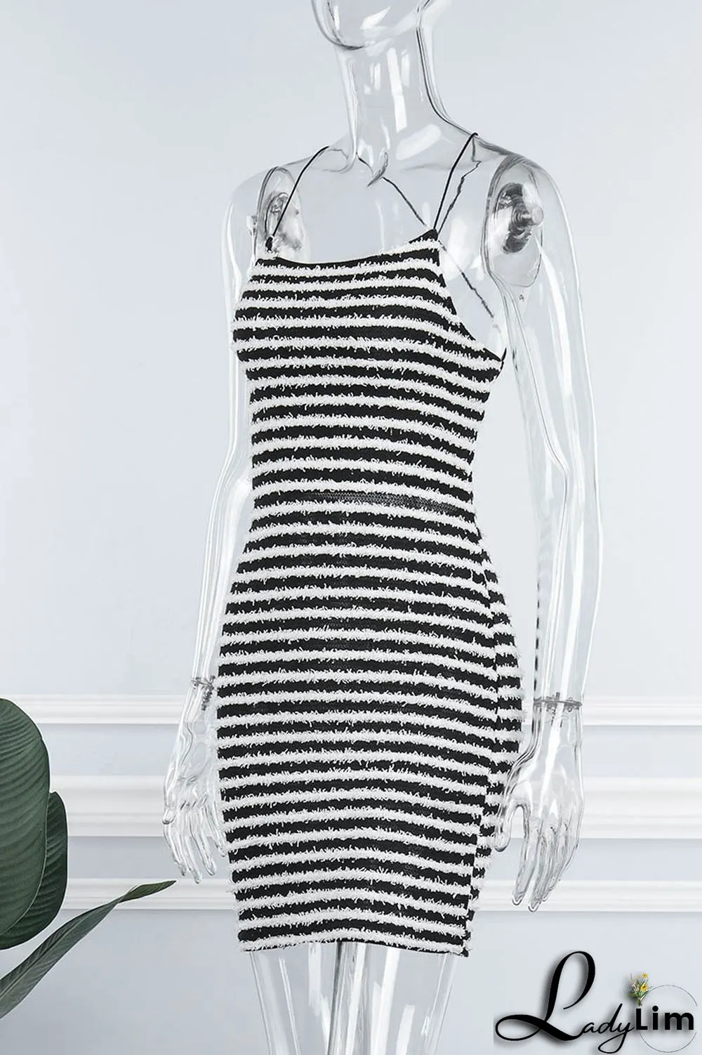 Black Sexy Striped Print Bandage Backless Spaghetti Strap Sleeveless Dress Dresses