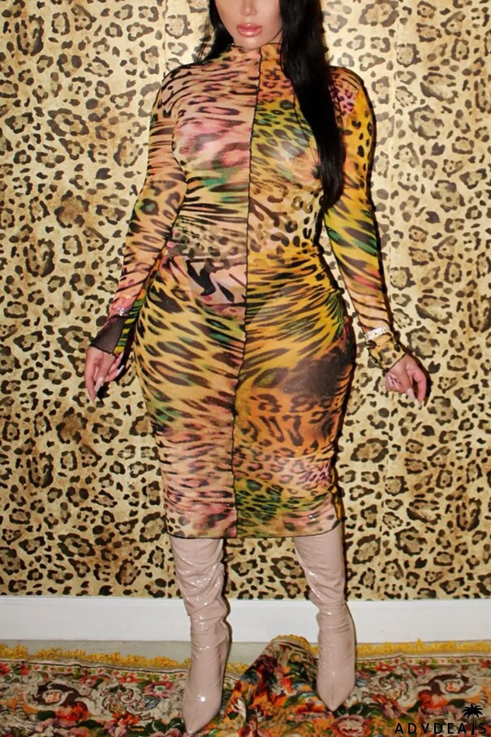 Yellow Sexy Casual Elegant Polyester Spandex Milk Fiber Print Leopard Basic Turtleneck Long Sleeve Knee Length Pencil Skirt Dresses