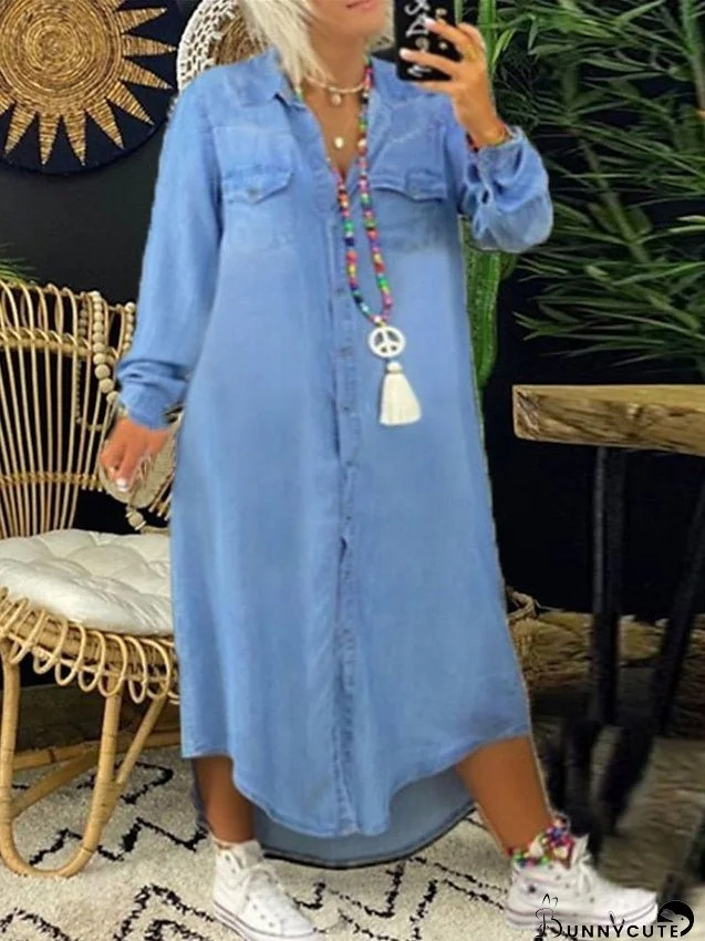 Plus Size Casual Dress Shirt Dress Shift Dress Solid Color Long Dress Maxi Dress Long Sleeve Button Pocket Shirt Collar Basic Daily Light Sky Blue Fall Spring L XL XXL 3XL 4XL for Women