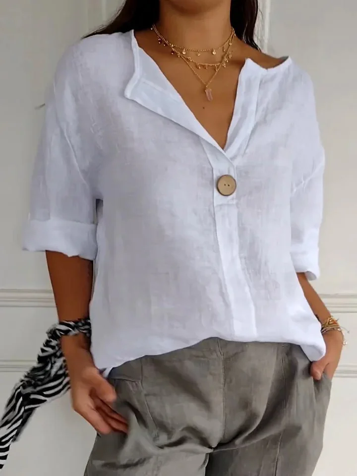 Women's Three Quarter Sleeve Blouse Spring/Fall Plain Buttoned Cotton V Neck Daily Going Out Casual Top