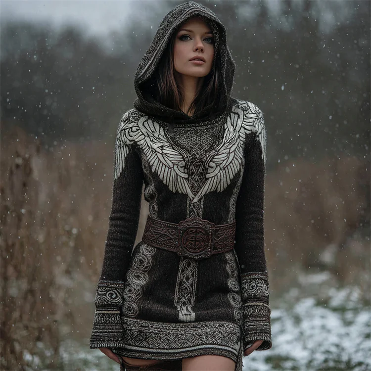 Classy Viking Wings Celtic Mystical Hooded Knit Sweater Dress