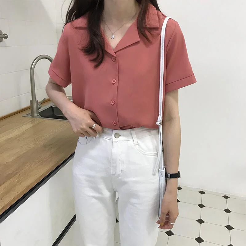 Brownm Brownm Spring And Summer College Style Retro Korean Version Of Professional Suit Collar Turn Students Short Sleeve Shirt Female Pure Color Top Female