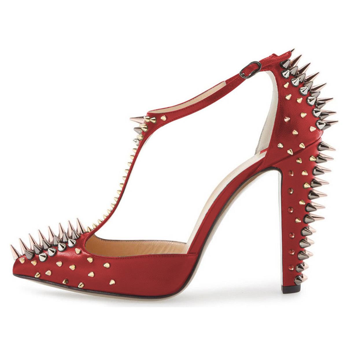 Trendy Pointed Toe T-Strap Chunky Heel Pumps Shoes with Rivets Nicepairs