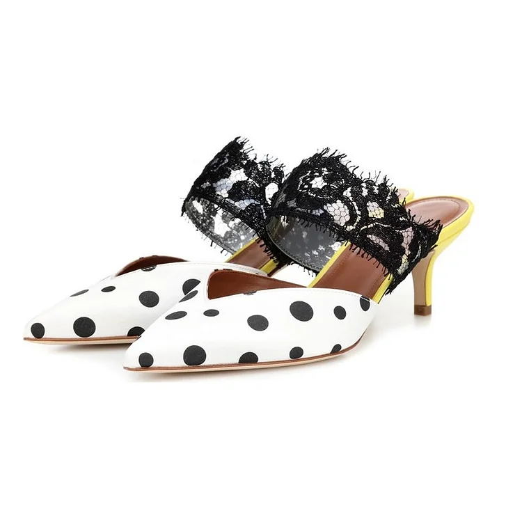 Black and White Polka Dot Kitten Heel Lace Mules Vdcoo